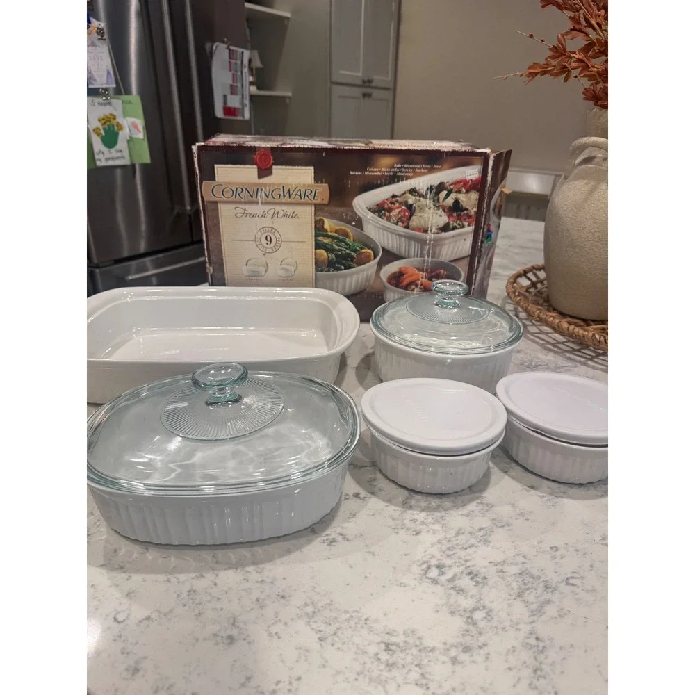 CorningWare French White 9 Piece Bakeware SetStoneware Casserole Dishes WhiteNIB
